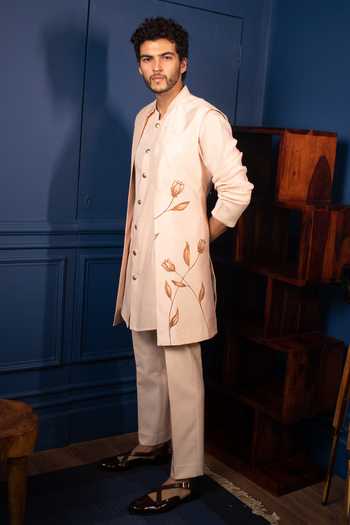 Contrast By Parth_Peach Pure Silk Jacket And Pant Set _Online_at_Aza_Fashions