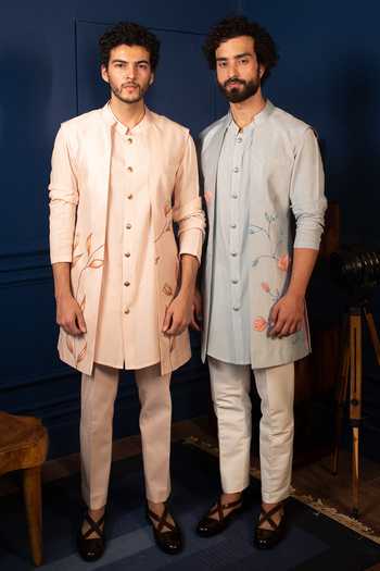 Buy_Contrast By Parth_Peach Pure Silk Jacket And Pant Set _Online_at_Aza_Fashions