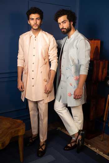 Shop_Contrast By Parth_Peach Pure Silk Jacket And Pant Set _Online_at_Aza_Fashions
