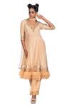 Debarun_Beige Crepe And Net Embroidery Cutdana & Thread V Neck Kurta & Pant Set  _Online_at_Aza_Fashions