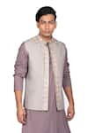 Shop_Debarun_Grey Cotton Tussar Embroidered Floral Bundi And Kurta Set  _Online_at_Aza_Fashions