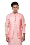 Shop_Debarun_Pink Dola Silk Embroidered Floral Cotton Tussar Bundi And Kurta Set  _Online_at_Aza_Fashions