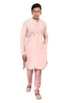 Buy_Debarun_Pink Raw Silk Embroidered Floral Crepe Kurta Set  _at_Aza_Fashions