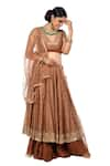 Debarun_Brown Chanderi And Net Embroidery Gota V Neck Lehenga Set _Online_at_Aza_Fashions