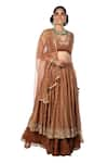 Buy_Debarun_Brown Chanderi And Net Embroidery Gota V Neck Lehenga Set _Online_at_Aza_Fashions