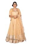 Buy_Debarun_Beige Handwoven Embroidery Gota And Beads V Neck Chanderi Silk Lehenga Set _at_Aza_Fashions