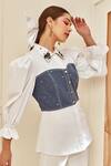 Label Deepika Nagpal_White Cotton Embellished Collared Neck Denim Corset Shirt _Online_at_Aza_Fashions