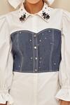 Buy_Label Deepika Nagpal_White Cotton Embellished Collared Neck Denim Corset Shirt _Online_at_Aza_Fashions