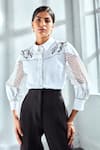 Buy_Label Deepika Nagpal_White Premium Cotton Embellished Floral Motif Collared Schiffli Sleeve Shirt _at_Aza_Fashions