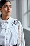 Label Deepika Nagpal_White Premium Cotton Embellished Floral Motif Collared Schiffli Sleeve Shirt _Online_at_Aza_Fashions