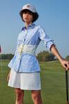 Buy Label Deepika Nagpal Blue Shirt Pure Cotton Belt Vegan Leather Striped Collared Neck With Corset at Aza Fashions Buy_Label Deepika Nagpal_Blue Shirt Pure Cotton Belt Vegan Leather Striped Collared Neck With Corset_at_Aza_Fashions