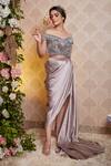 Soha By Harleen And Sona_Grey Satin Crystal Beads One Shoulder Soie Blouse And Draped Skirt Set_Online_at_Aza_Fashions