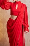 Soha by Harleen and Sona_Red Blouse And Saree Georgette & Cigarette Pants Malai Kai Pre-draped With _Online_at_Aza_Fashions