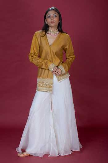 Buy Yellow Top Silk Chanderi And Palazzos Pure Organza Embroidery ...
