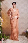 Buy_Soha By Harleen And Sona_Peach Chinnon Chiffon Pearl And Sequin V Neck Noor Pre-draped Saree With Blouse _at_Aza_Fashions