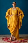 Buy_Soha by Harleen and Sona_Yellow Draped Dress Chinnon Chiffon And Cape Tissue Embroidery Aari Aliza With _at_Aza_Fashions