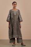 Buy_Priya Chaudhary_Grey Chanderi Silk Floral Notched Embroidered Kurta And Pant Set _at_Aza_Fashions