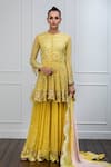 Shian_Yellow Georgette Mirror Work Round Embroidered Kurta Sharara Set _Online_at_Aza_Fashions