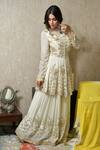 Shian_Beige Georgette Zardozi Round Embroidered Peplum Sharara Set _Online_at_Aza_Fashions