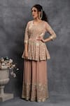 Buy_Shian_Peach Georgette Zardozi Round Dori Embroidered Peplum And Sharara Set _at_Aza_Fashions