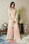 Buy_Shian_Peach Georgette Embroidered Gota Notched Sharara Set  _at_Aza_Fashions