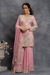 Shian_Pink Georgette Embroidered Gota Notched Gharara Set  _Online_at_Aza_Fashions