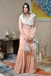 Shian_Peach Georgette Mirror Work Round Embroidered Sharara Set _Online_at_Aza_Fashions