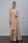 Buy_Shian_Peach Georgette Mirror Work Notched Embroidered Gharara Set _at_Aza_Fashions