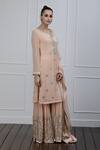 Shian_Peach Georgette Mirror Work Notched Embroidered Gharara Set _Online_at_Aza_Fashions