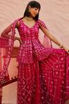 Shop_Shian_Pink Net Dori Work, Mirror, Thread V Neck Embroidered Kurta And Sharara Set _Online_at_Aza_Fashions
