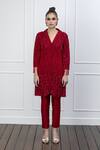 Buy_Shian_Red Net, Dupion Silk Thread And Beads Notched Collar Embroidered Jacket & Pant Set _at_Aza_Fashions