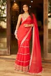 Buy_Gopi Vaid_Red Saree Georgette Embroidered Floral Sweetheart Neck Pre-draped With Blouse_at_Aza_Fashions