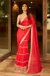 Shop_Gopi Vaid_Red Saree Georgette Embroidered Floral Sweetheart Neck Pre-draped With Blouse_at_Aza_Fashions