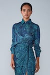Shop Saaksha & Kinni Blue Satin Abstract Tile Pattern Collared Neck Print Shirt at Aza Fashions Shop_Saaksha & Kinni_Blue Satin Abstract Tile Pattern Collared Neck Print Shirt _at_Aza_Fashions