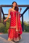 Buy_Gopi Vaid_Red Dupatta- Organza, Kurta- Tussar, Sharara- Brocade Floral V Embroidered Set _at_Aza_Fashions