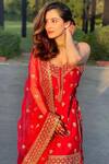 Shop_Gopi Vaid_Red Dupatta- Organza, Kurta- Tussar, Sharara- Brocade Floral V Embroidered Set _at_Aza_Fashions