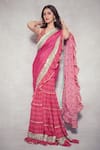 Buy_Gopi Vaid_Pink Saree Chiffon Blouse Cotton Silk Printed Ruffle Set  _at_Aza_Fashions