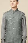 Shop_Spring Break_Gray Cotton, Polyester Mirrors Embroidered Grey Bundi And Kurta Set 