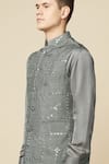 Spring Break_Gray Cotton, Polyester Mirrors Embroidered Grey Bundi And Kurta Set _Online