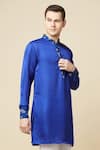 Shop_Spring Break_Blue 50% Cotton 50% Polyester Printed Floral Placket Kurta _Online_at_Aza_Fashions