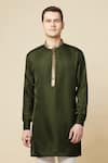 Shop_Spring Break_Green 50% Cotton 50% Polyester Embroidered Placket Kurta _Online_at_Aza_Fashions