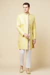 Spring Break_Yellow 50% Cotton 50% Polyester Embroidered Floral Sherwani Set_Online_at_Aza_Fashions