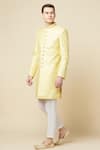 Shop_Spring Break_Yellow 50% Cotton 50% Polyester Embroidered Floral Sherwani Set_Online_at_Aza_Fashions