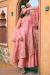 Shop_Show Shaa_Peach Kota Doria, Cotton, Crepe Sequins, Floral Applique Angarkha Pant Set _at_Aza_Fashions