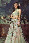 Shop_Show Shaa_Green Kota Doria, Organza, Satin Floral 3d Applique Hand Bridal Lehenga Set _Online_at_Aza_Fashions