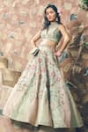 Shop_Show Shaa_Green Kota Doria, Organza, Satin Floral 3d Applique Hand Bridal Lehenga Set 