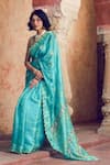 Buy_Show Shaa_Blue Blouse- Satin Embellished Floral Scoop Splash Print Saree With _Online_at_Aza_Fashions
