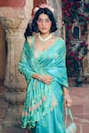 Show Shaa_Blue Blouse- Satin Embellished Floral Scoop Splash Print Saree With _at_Aza_Fashions