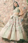 Show Shaa_Green Kota Doria, Organza, Satin Floral 3d Applique Hand Bridal Lehenga Set _Online