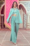 Buy_Show Shaa_Blue Crepe Sequins Round Neck Splash Print Cape And Pant Set _Online_at_Aza_Fashions